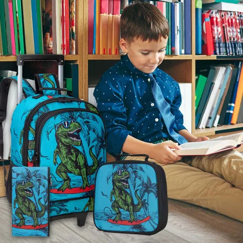 Vista 7 de AGSDON Mochila con ruedas enrollables para niños, mochila escolar con ruedas y bolsa de almuerzo, dinosaurio