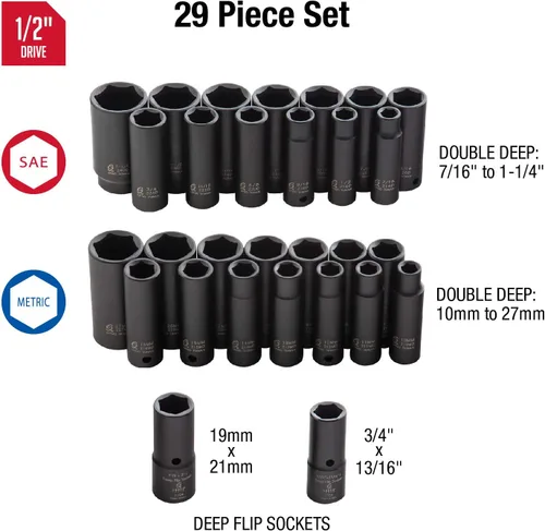 Vista 3 de Sunex - Juego de llaves de vaso de impacto doble profundo de 1/2 pulgada de 29 piezas + juego de extensión de impacto de 4 piezas