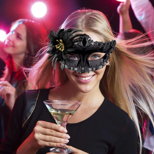 Vista 6 de SIQUK Juego de máscaras para parejas, máscara veneciana, máscara de plástico para disfraz de Halloween, máscara de Mardi Gras para mujeres y hombres