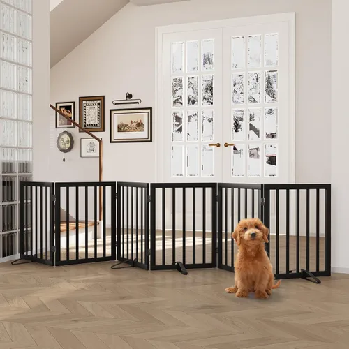 Vista 27 de Semiocthome Puertas de bambú para perros para interiores, puertas independientes de 2 paneles para cachorros para la casa con 2 soportes de metal