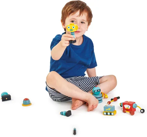 Vista 4 de Tender Leaf Toys - Construcción de robots - Juego de construcción de madera de 17 piezas para construir y apilar 3 robots en infinitas variaciones