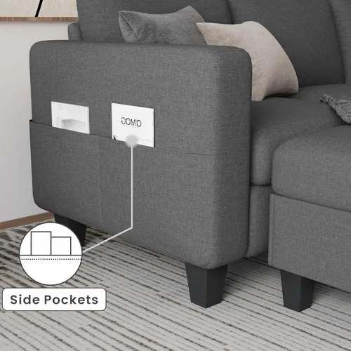 Vista 6 de Grzyhem Camillas seccionales para sala de estar, sofá convertible en forma de L, sofá moderno de lino gris de 3 plazas, sofás de 78 pulgadas