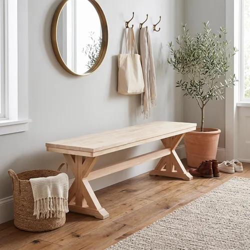 Vista 2 de International Concepts - Banco de entrada de madera maciza sin terminar de 60 pulgadas con superficie de bloque de carnicero, asiento de banco