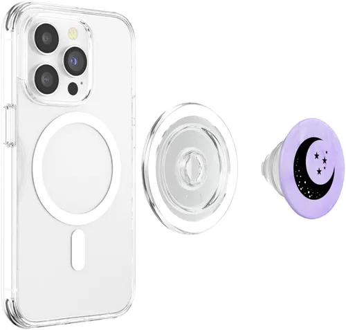 Vista 3 de Luna creciente con estrellas sobre fondo morado PopSockets MagSafe PopGrip para iPhone