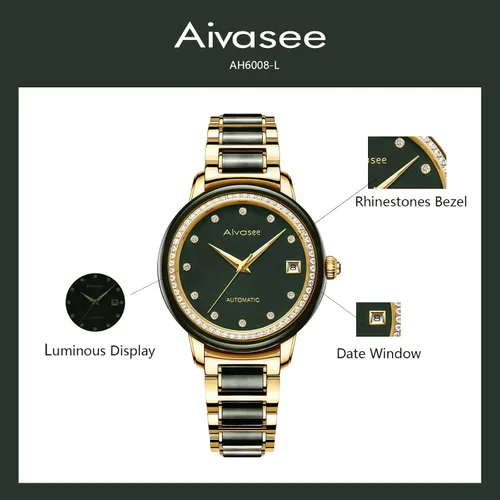 Vista 4 de Aivasee Reloj automático de diamantes de lujo para mujer con correa de acero inoxidable chapada en oro y jade negro para mujer, reloj de pulsera