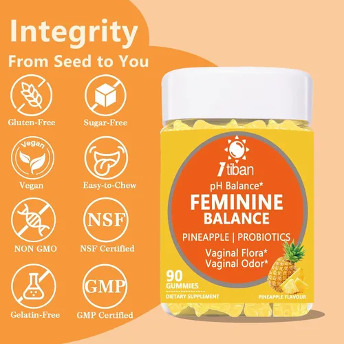 Vista 4 de Gomitas de piña para mujer, pH, equilibrio femenino, salud vaginal, probióticos femeninos, apoyo al bienestar, vegano, sin gluten, piña hawaiana, 90