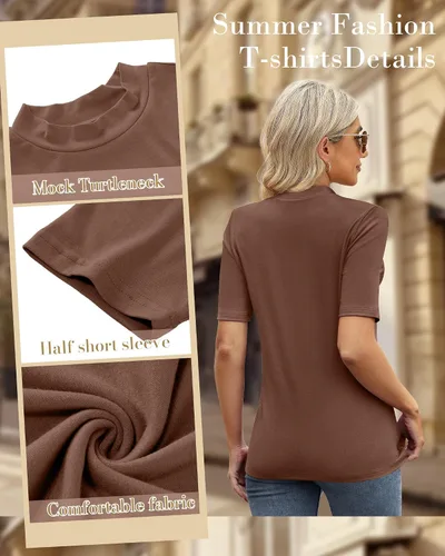 Vista 6 de Ficerd Paquete de 2 camisetas de cuello alto falso para mujer, media manga, casual, para negocios, ajustadas, básicas, elegantes para verano