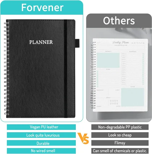 Vista 3 de Forvencer - Agenda diaria duradera sin fecha, A5 (5.8 x 8.3 pulgadas), cuaderno mejorado de piel sintética con horario por horas, organizador