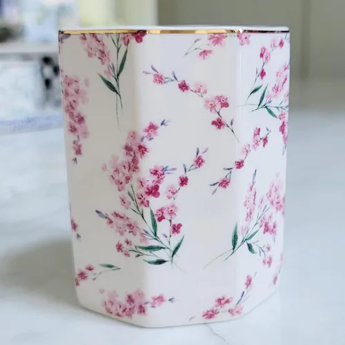 Vista 2 de Soporte para bolígrafo para escritorio, con patrón floral, taza de lápices para niñas, niños, organizador de escritorio de cerámica duradero, Rosa