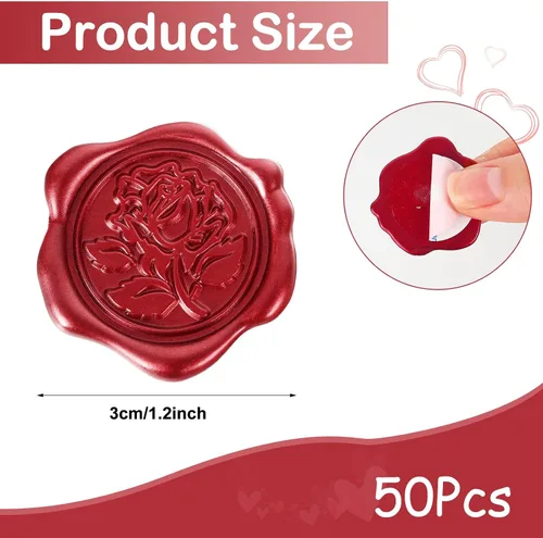 Vista 2 de Whaline 50 calcomanías de sello de cera de rosa roja, calcomanías 3D autoadhesivas en relieve para boda, San Valentín, Día de la Madre, bricolaje