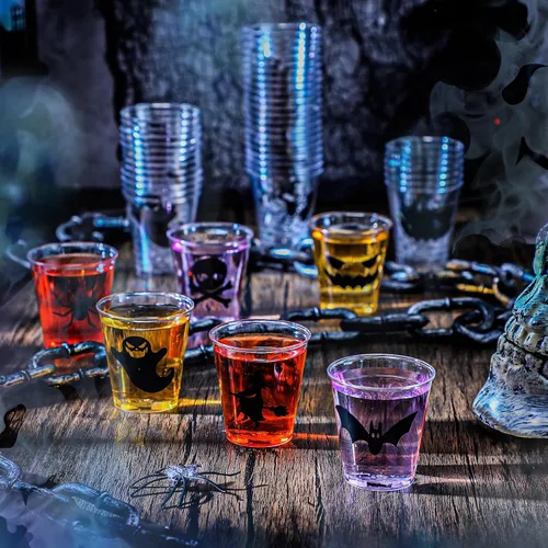 Vista 4 de Mumufy 120 vasos de chupito de plástico de Halloween de 1.69 onzas desechables para fiestas, vasos de calabaza y fantasmas, muestra clara, tazas