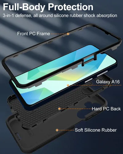 Vista 3 de Funda para teléfono Samsung Galaxy A16 5G, 3 capas de protección contra caídas de 16 pies, con cubierta de puerto a prueba de polvo, funda
