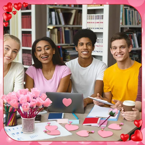 Vista 6 de Yexiya 48 juegos de bolígrafos de rosas para el día de San Valentín, regalos a granel con notas adhesivas, clips de corazón, bolsas de regalo