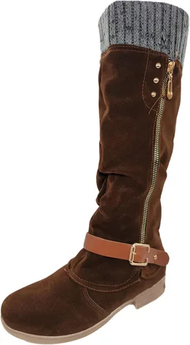 Vista 3 de Botas de media pantorrilla para mujer, botas vaqueras de cuero occidental, elegantes botas altas hasta la rodilla, botas desplegadas vintage