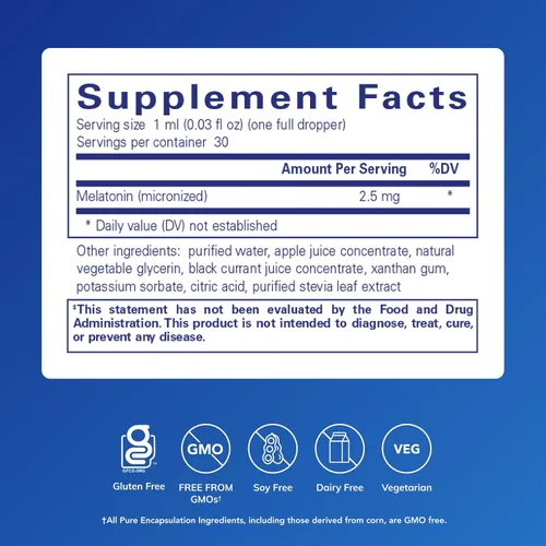 Vista 2 de Pure Encapsulations Líquido de melatonina Suplemento hipoalergénico que apoya el ciclo natural del sueño del cuerpo 1 onza líquida