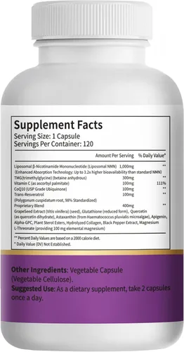 Vista 10 de Suplemento liposomal NMN 15 en 1, 2000 mg por porción*, suministro para 120 días, 99% puro, alternativa NAD+ NMNH con mononucleótido