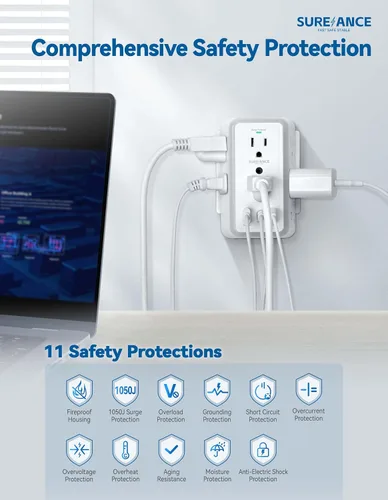 Vista 4 de Toma de pared multienchufe, extensor de 6 salidas con luz nocturna, 3 puertos USB, regleta de alimentación de 3 lados con adaptador espaciado
