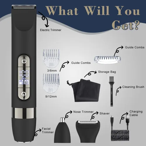 Vista 5 de Hatteker Recortadora de pelo corporal multifuncional 4 en 1 para hombres, IPX7 impermeable para ingle y cuerpo, afeitadora eléctrica recargable