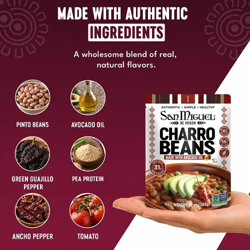 Vista 4 de Frijoles Charro para microondas San Miguel con chorizo, 1.09 oz de proteína