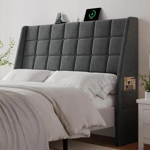 Vista 13 de Cabecera ergonómica tapizada de tamaño completo con estación de carga, cabeceros wingback de lino con bolsillo de almacenamiento, solo cabecero