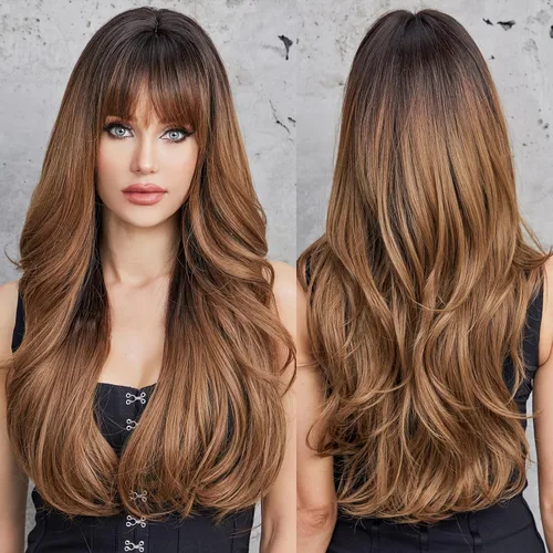 Vista 11 de HAIRCUBE Peluca rubia con reflejos, peluca larga y rizada con flequillo, peluca marrón, aspecto natural, resistente al calor, peluca sintética