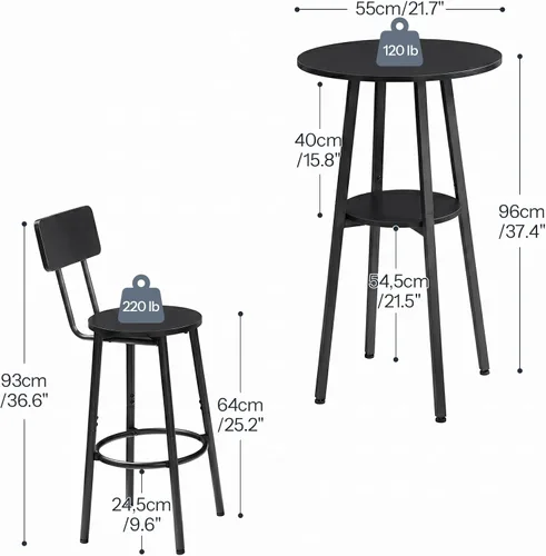 Vista 2 de HOOBRO 3 Pieces Round Bar Height Table and Chairs Set, Round Dining Table Set, Pub Table and Chairs for Small Space, 2 Tier Kitchen Table and Bar