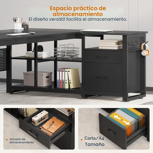 Vista 6 de UPOSOJA Escritorio ejecutivo en forma de L de 71 pulgadas, escritorio de oficina con cajones de almacenamiento