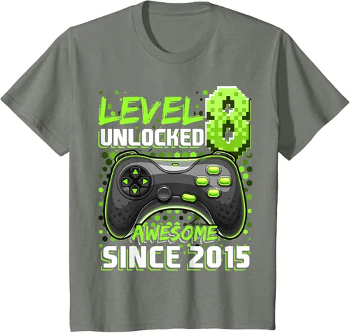 Vista 101 de Level 8 Unlocked Awesome 2015 Video Game 8th Birthday Boy T-Shirt, Negro