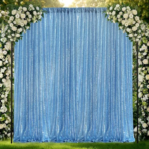 Vista 7 de Cortinas de fondo de lentejuelas con purpurina azul bebé, 2 piezas de 2 x 8 pies, telón de fondo de fiesta de baby shower para niños, hermosas