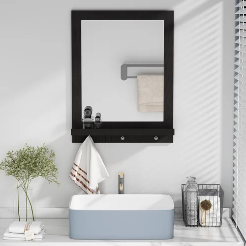 Vista 5 de ARTPOWER Espejo de pared de madera de 24 x 18.5 pulgadas con estante, espejo rectangular de pasillo con ganchos, espejos de pared colgantes