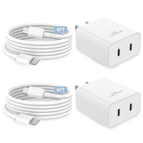 Vista 10 de Paquete de 2 cargadores súper rápidos USB C de doble puerto para teléfono Android tipo C, bloque de carga rápida con cable de carga tipo C de 6 pies