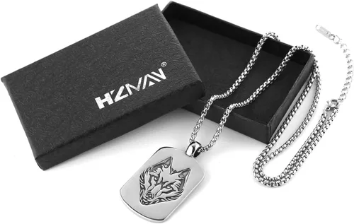 Vista 7 de HZMAN Norse Viking Wolf Necklace for Men Boys Stainless Steel Gothic Punk Fenrir Wolf Head Animal Pendant Jewelry Gift