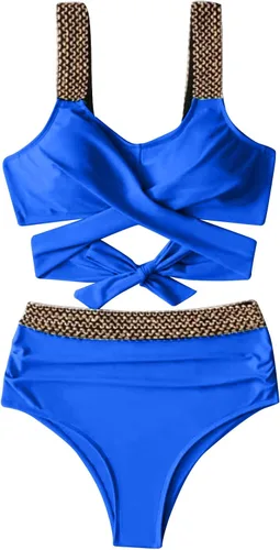 Vista 3 de Women's 2 Piece Solid Bikini Swimsuit Wrap Tie Back Tankini High Waist Bikini Bathing Suit Beachwear