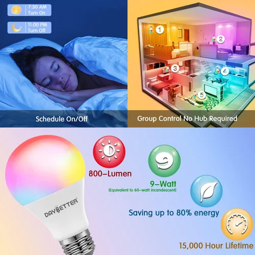 Vista 4 de DAYBETTER Bombillas inteligentes, bombilla Alexa, bombillas WiFi, bombilla RGBCW que cambia de color A19 9W 800LM, bombillas inteligentes que