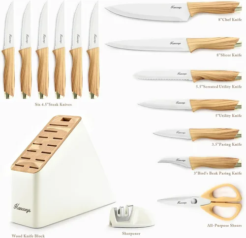 Vista 2 de Juego de cuchillos de cocina con afilador, juego de cuchillos de acero inoxidable alemán dorado con bloque y mango ergonómico de grano de madera