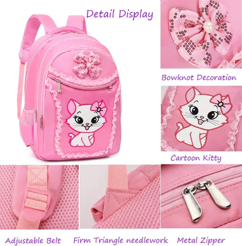 Vista 4 de Mochila escolar ligera de encaje con estampado de gatos, bolsa escolar de princesa, bolsa para libros, bolsa para bolígrafos para niñas de primaria