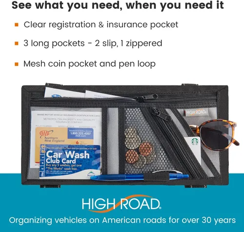 Vista 2 de High Road Organizador de visera de automóvil con bolsillos con cremallera, funda para lentes de sol y bolsillo transparente para fotos o registro