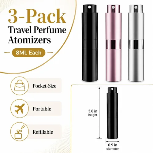 Vista 2 de Botella de perfume recargable de viaje, 3 botellas de atomizador de perfume portátiles de 0.3 onzas líquidas para bolsa, botella de spray con parte