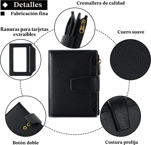 Vista 5 de Airkit Cartera para mujer, pequeña cartera de cuero para mujer, plegable, compacta, con bloqueo RFID, tarjetero de crédito, mini bolso de viaje