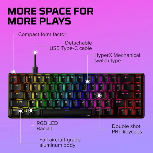 Vista 8 de HyperX Alloy Origins 65 - Teclado mecánico para juegos, factor de forma ultra compacto del 65 %, teclas PBT de doble disparo, retroiluminación LED