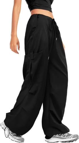 Vista 2 de JZC Pantalones de paracaídas para mujer, pantalones cargo holgados de cintura baja, pantalones Y2K con bolsillos, pantalones deportivos relajados