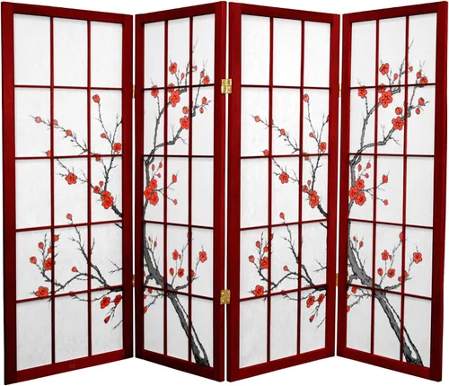 Vista 2 de Pantalla Shoji corta de 4 pies con diseño de flor de cerezo - Palisandro - 4 paneles Rosewood
