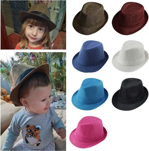 Vista 4 de ECYC Sombreros de jazz para niños, gorras de lino de color sólido para niños