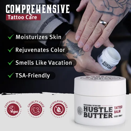 Vista 3 de Hustle Butter Tattoo Aftercare 5oz At Home y 1oz Bálsamo de cuidado posterior de tamaño de viaje, úsalo mientras cura nuevos tatuajes