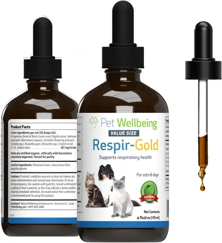 Vista 2 de Pet Wellbeing Respir-Gold para gatos - Apoya la respiración saludable, vías respiratorias, apoyo respiratorio, comino negro, mareo, grindelia