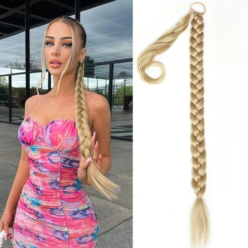 Vista 8 de Extensiones de cola de caballo trenzada de 20 pulgadas de largo para mujer, extensiones de cabello lacio envolvente con banda para el cabello, cola