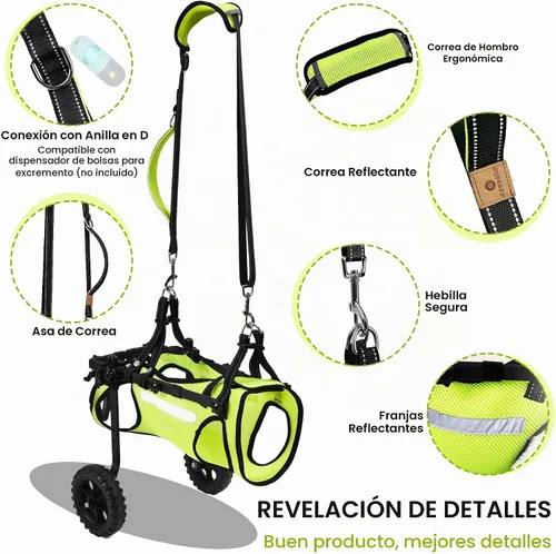 Vista 6 de Silla de ruedas ajustable para patas traseras, para perros de todas las razas, incluye chaleco de alta visibilidad, correa y elevación
