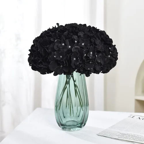 Vista 2 de 10 cabezas de hortensias de seda con tallos de flores artificiales para bodas, fiestas, decoración del hogar (negro)