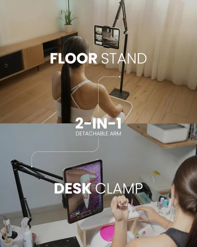 Vista 3 de Soporte de suelo 2 en 1 para tablet con soporte para tablet para escritorio, base estable de 8 libras con brazo elástico para cama, sofá