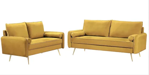 Vista 7 de Container Furniture Direct Juego de sofá de terciopelo inspirado en Chesterfield de 2 piezas con patas oblicuas de metal dorado, azul verdoso